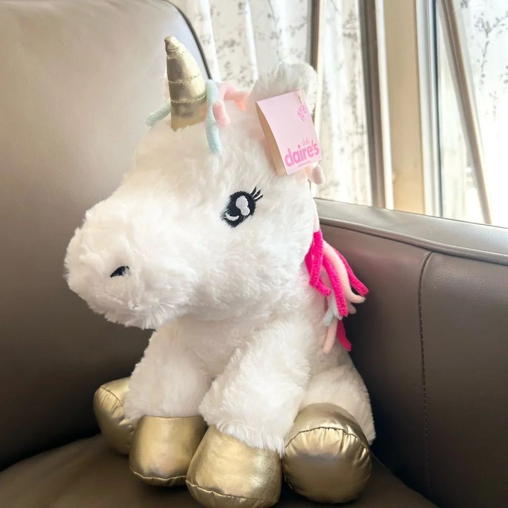 Claire's White Unicorn Plush 14”inch Aurora with Gold and Pink Details